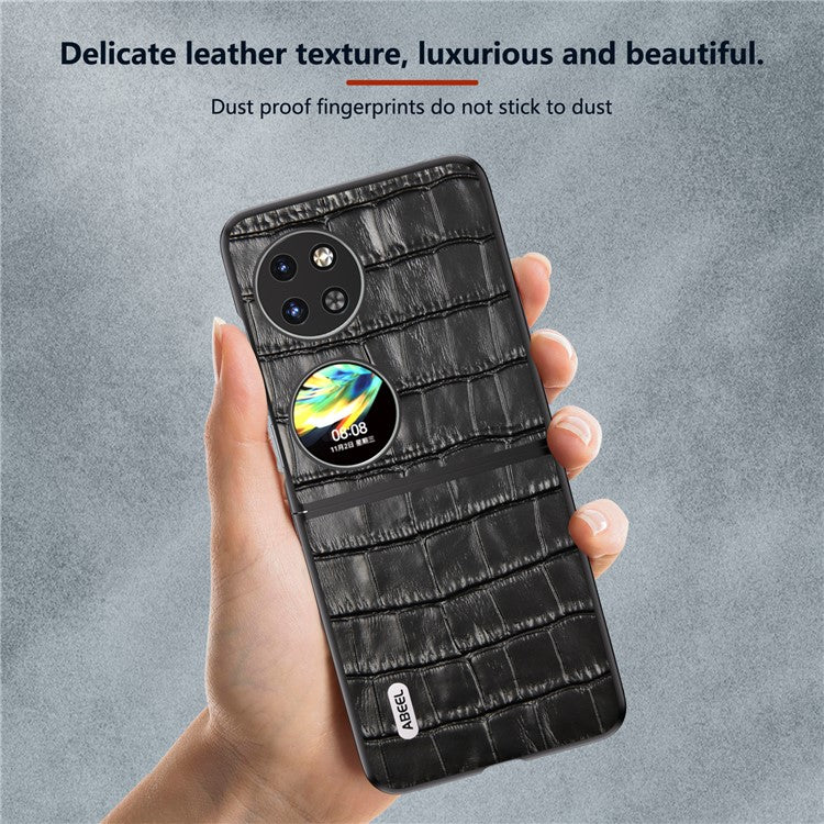 ABEEL For Huawei Pocket 2 Phone Case Genuine Cow Leather Back Shell Crocodile Texture - Black