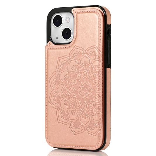 For iPhone 14 Case Imprinted Mandala Flower Kickstand PU Leather+TPU Phone Cover - Rose Gold