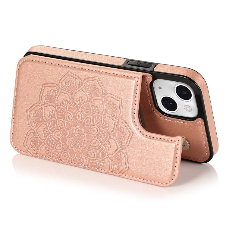 For iPhone 14 Case Imprinted Mandala Flower Kickstand PU Leather+TPU Phone Cover - Rose Gold