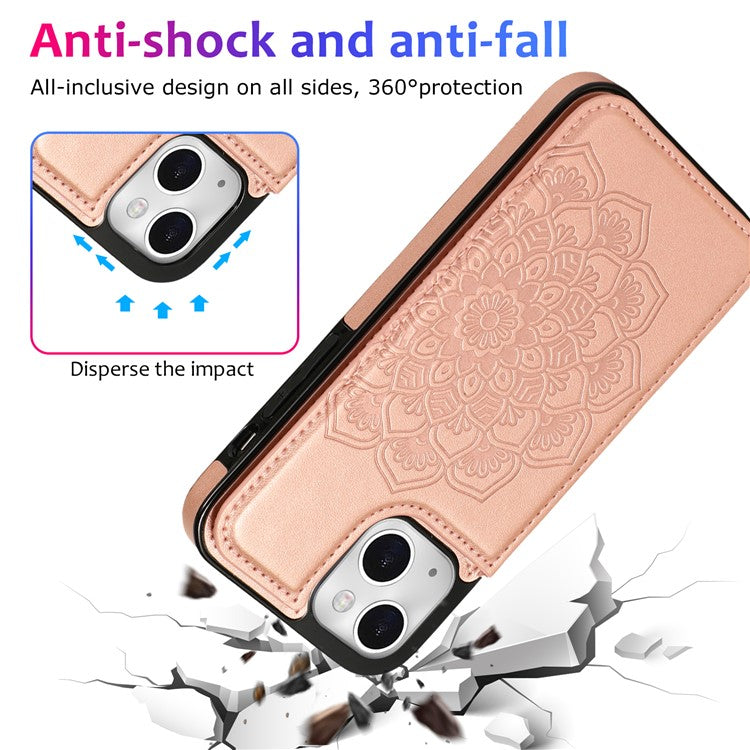 For iPhone 14 Case Imprinted Mandala Flower Kickstand PU Leather+TPU Phone Cover - Rose Gold