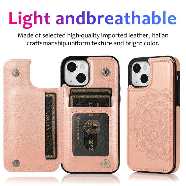 For iPhone 14 Case Imprinted Mandala Flower Kickstand PU Leather+TPU Phone Cover - Rose Gold