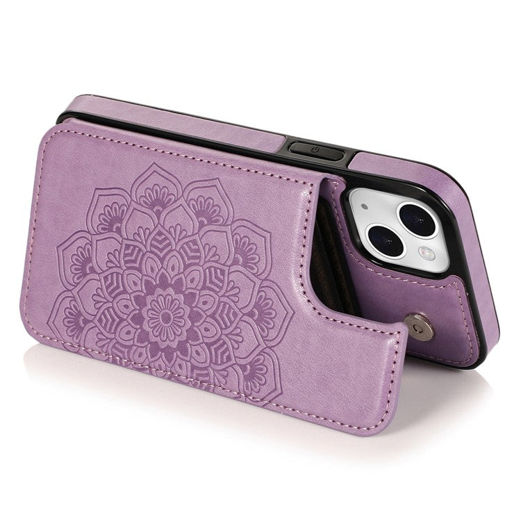 For iPhone 14 Plus Cell Phone Case Imprinted Mandala Flower PU Leather+TPU Back Shell - Purple