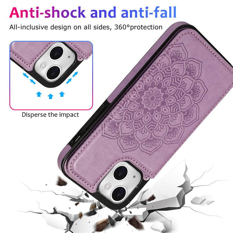 For iPhone 14 Plus Cell Phone Case Imprinted Mandala Flower PU Leather+TPU Back Shell - Purple