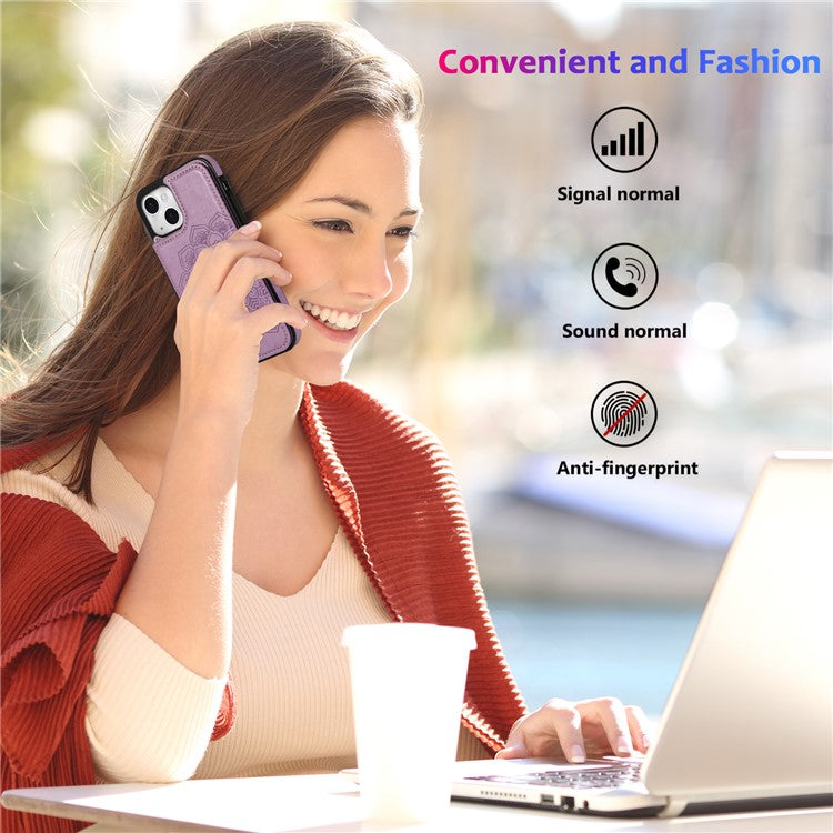 For iPhone 14 Plus Cell Phone Case Imprinted Mandala Flower PU Leather+TPU Back Shell - Purple