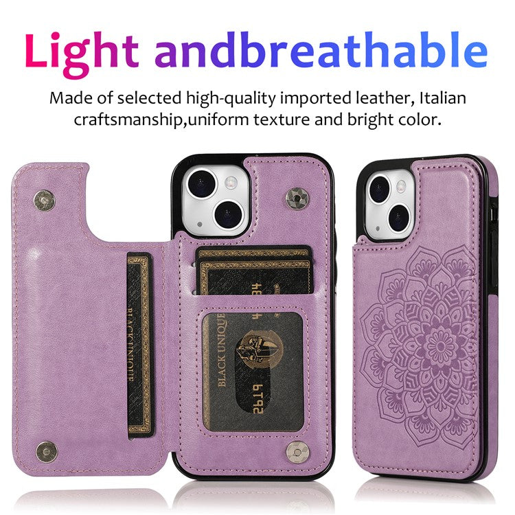For iPhone 14 Plus Cell Phone Case Imprinted Mandala Flower PU Leather+TPU Back Shell - Purple
