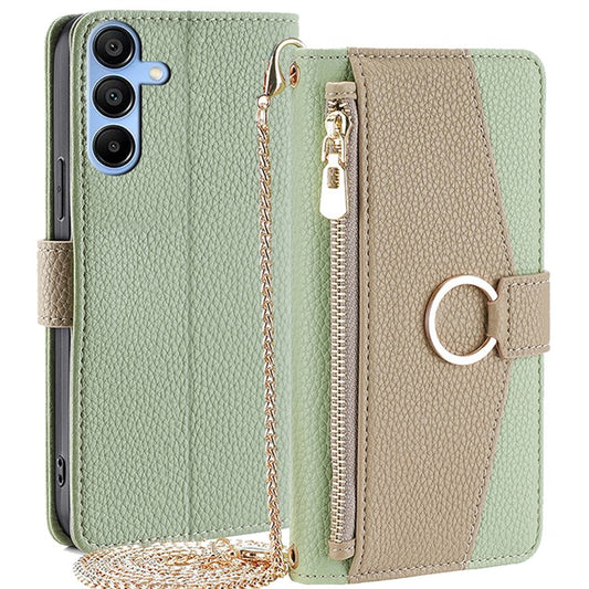 For Samsung Galaxy A15 4G / A15 5G Crossbody Case Leather Wallet Zipper Pocket Smart Phone Cover - Green