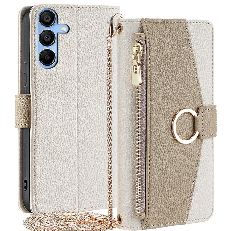 For Samsung Galaxy A15 4G / A15 5G Crossbody Case Leather Wallet Zipper Pocket Smart Phone Cover - White