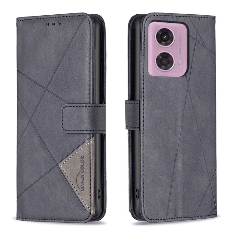 BINFEN COLOR For Motorola Moto G45 5G / G34 5G Phone Cases Wallet Stand Geometry Imprinted Leather Cover - Black