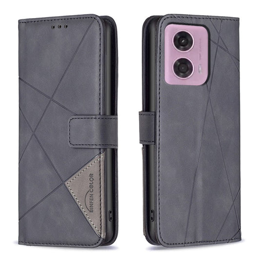 BINFEN COLOR For Motorola Moto G45 5G / G34 5G Phone Cases Wallet Stand Geometry Imprinted Leather Cover - Black