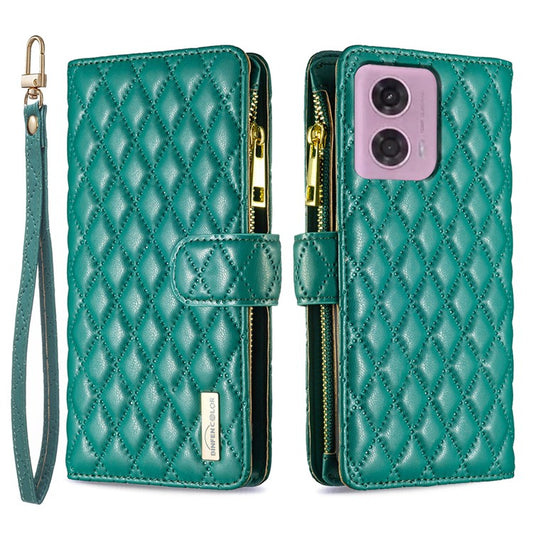 BINFEN COLOR BF Style-15 For Motorola Moto G34 5G Wallet Phone Case Grid Imprinted Cover Zipper Pocket - Green