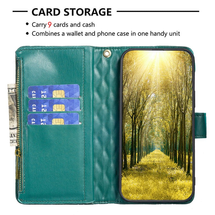 BINFEN COLOR BF Style-15 For Motorola Moto G34 5G Wallet Phone Case Grid Imprinted Cover Zipper Pocket - Green