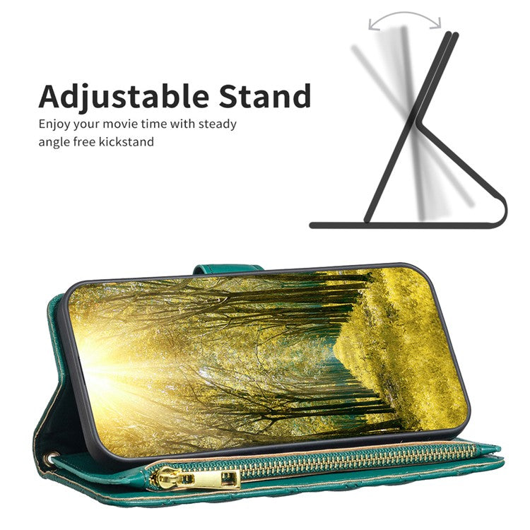 BINFEN COLOR BF Style-15 For Motorola Moto G34 5G Wallet Phone Case Grid Imprinted Cover Zipper Pocket - Green