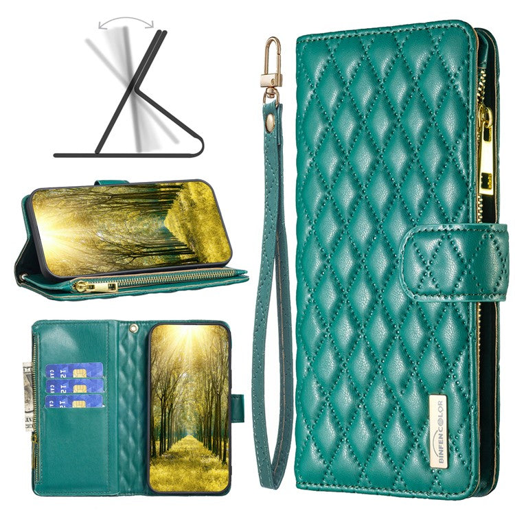 BINFEN COLOR BF Style-15 For Motorola Moto G34 5G Wallet Phone Case Grid Imprinted Cover Zipper Pocket - Green