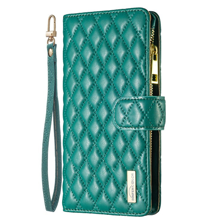 BINFEN COLOR BF Style-15 For Motorola Moto G34 5G Wallet Phone Case Grid Imprinted Cover Zipper Pocket - Green