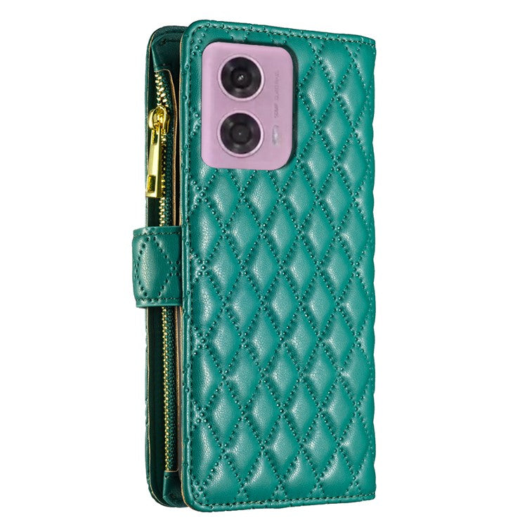 BINFEN COLOR BF Style-15 For Motorola Moto G34 5G Wallet Phone Case Grid Imprinted Cover Zipper Pocket - Green