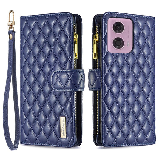 BINFEN COLOR BF Style-15 For Motorola Moto G34 5G Wallet Phone Case Grid Imprinted Cover Zipper Pocket - Blue