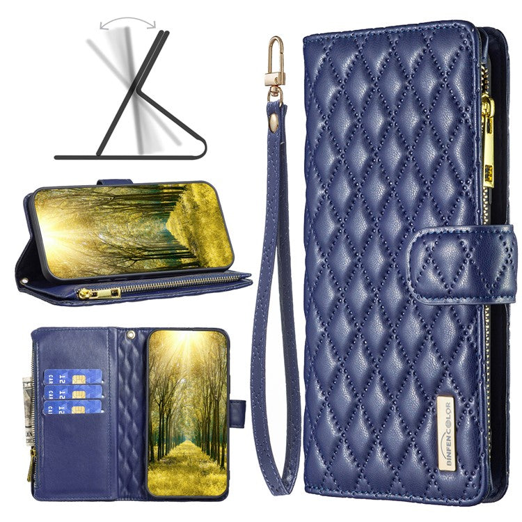 BINFEN COLOR BF Style-15 For Motorola Moto G34 5G Wallet Phone Case Grid Imprinted Cover Zipper Pocket - Blue