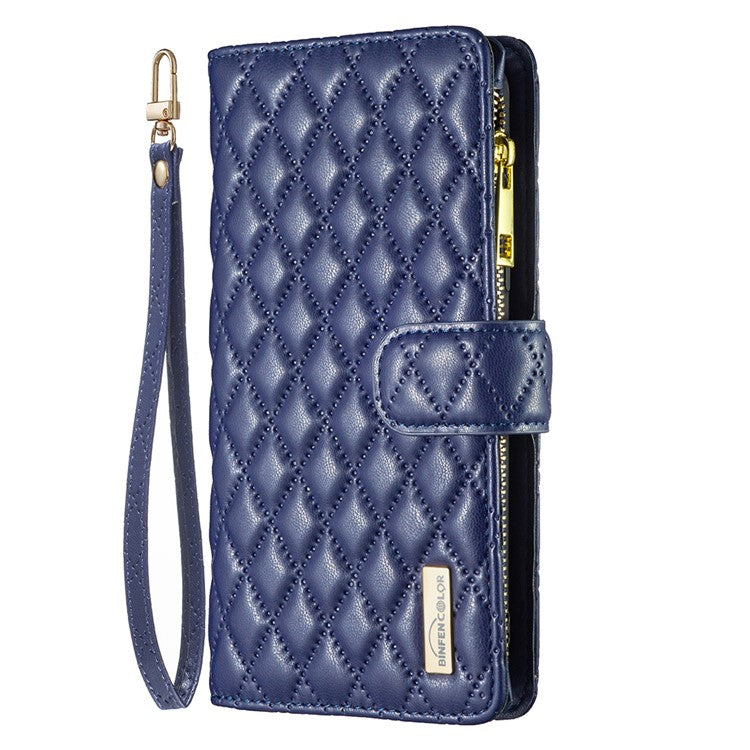 BINFEN COLOR BF Style-15 For Motorola Moto G34 5G Wallet Phone Case Grid Imprinted Cover Zipper Pocket - Blue