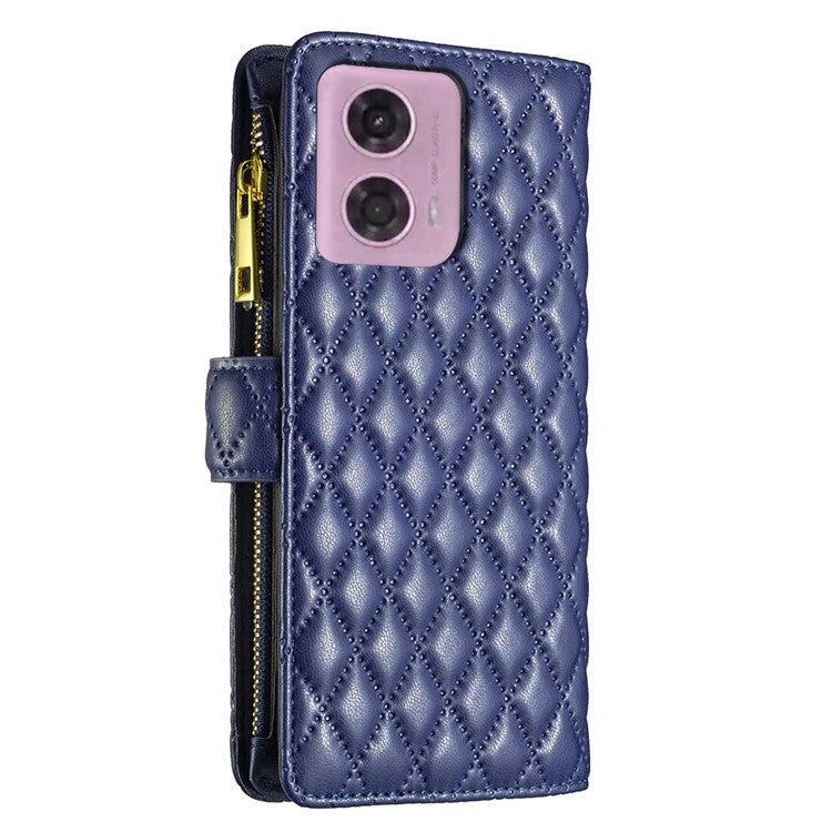 BINFEN COLOR BF Style-15 For Motorola Moto G34 5G Wallet Phone Case Grid Imprinted Cover Zipper Pocket - Blue