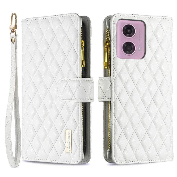 BINFEN COLOR BF Style-15 For Motorola Moto G34 5G Wallet Phone Case Grid Imprinted Cover Zipper Pocket - White