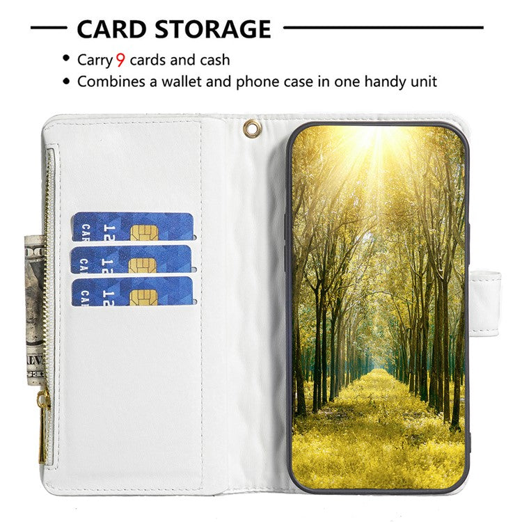 BINFEN COLOR BF Style-15 For Motorola Moto G34 5G Wallet Phone Case Grid Imprinted Cover Zipper Pocket - White