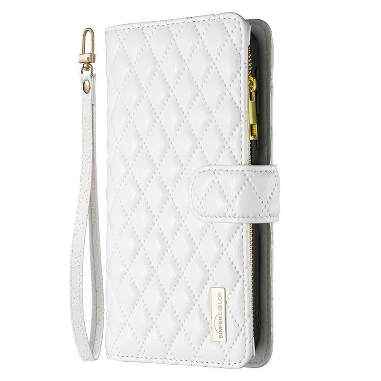 BINFEN COLOR BF Style-15 For Motorola Moto G34 5G Wallet Phone Case Grid Imprinted Cover Zipper Pocket - White