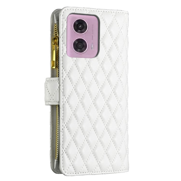 BINFEN COLOR BF Style-15 For Motorola Moto G34 5G Wallet Phone Case Grid Imprinted Cover Zipper Pocket - White
