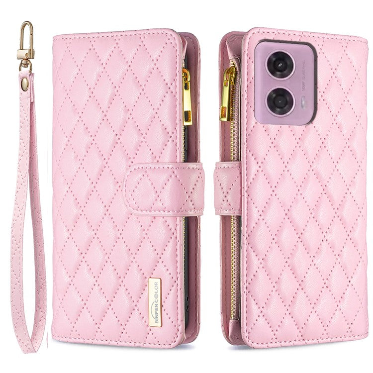 BINFEN COLOR BF Style-15 For Motorola Moto G34 5G Wallet Phone Case Grid Imprinted Cover Zipper Pocket - Pink