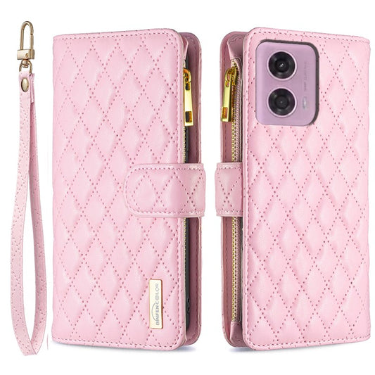 BINFEN COLOR BF Style-15 For Motorola Moto G34 5G Wallet Phone Case Grid Imprinted Cover Zipper Pocket - Pink