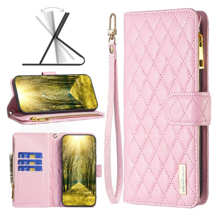 BINFEN COLOR BF Style-15 For Motorola Moto G34 5G Wallet Phone Case Grid Imprinted Cover Zipper Pocket - Pink