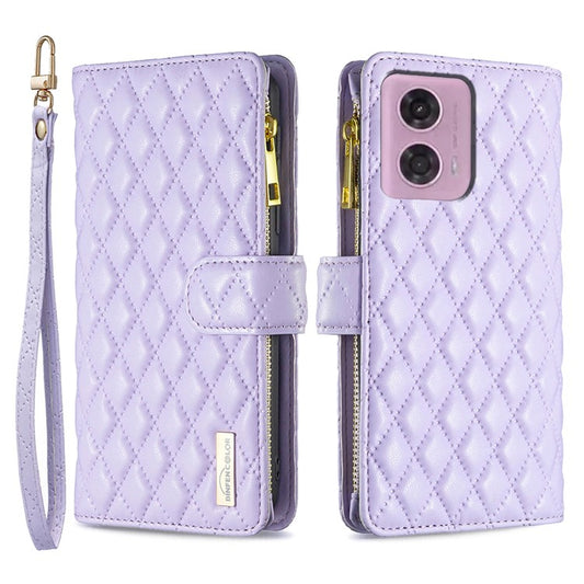 BINFEN COLOR BF Style-15 For Motorola Moto G34 5G Wallet Phone Case Grid Imprinted Cover Zipper Pocket - Purple