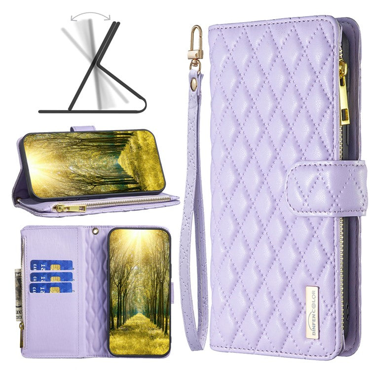BINFEN COLOR BF Style-15 For Motorola Moto G34 5G Wallet Phone Case Grid Imprinted Cover Zipper Pocket - Purple