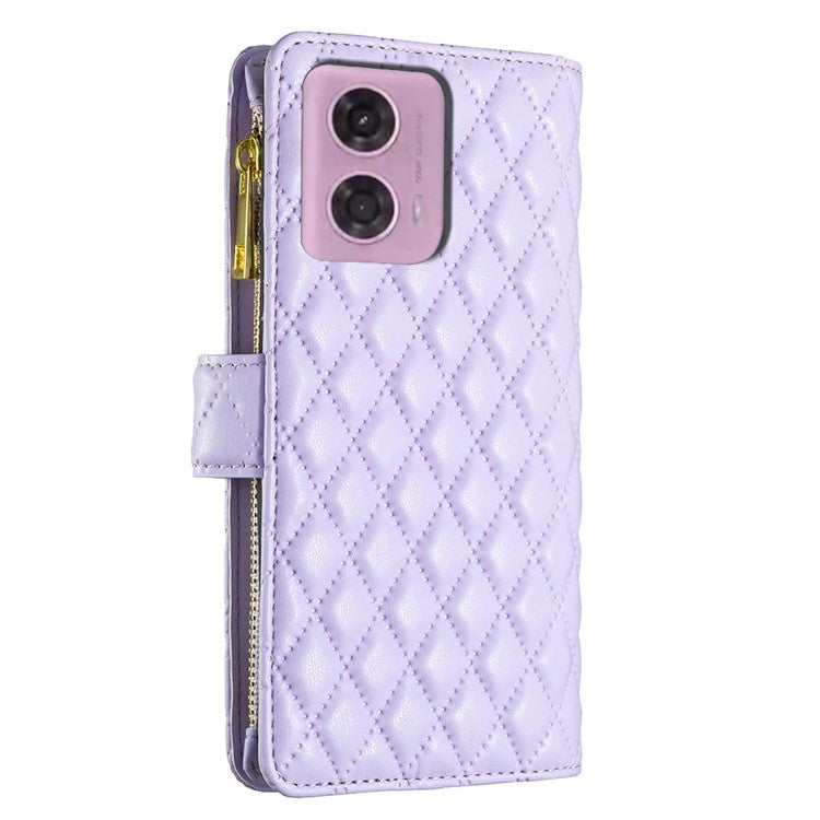 BINFEN COLOR BF Style-15 For Motorola Moto G34 5G Wallet Phone Case Grid Imprinted Cover Zipper Pocket - Purple