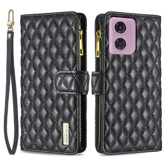 BINFEN COLOR BF Style-15 For Motorola Moto G34 5G Wallet Phone Case Grid Imprinted Cover Zipper Pocket - Black