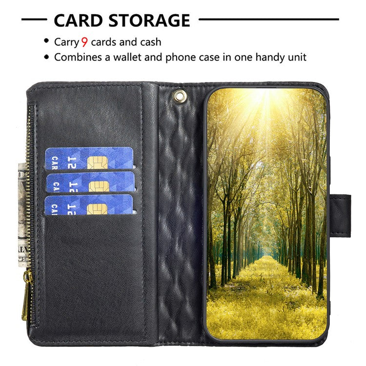BINFEN COLOR BF Style-15 For Motorola Moto G34 5G Wallet Phone Case Grid Imprinted Cover Zipper Pocket - Black
