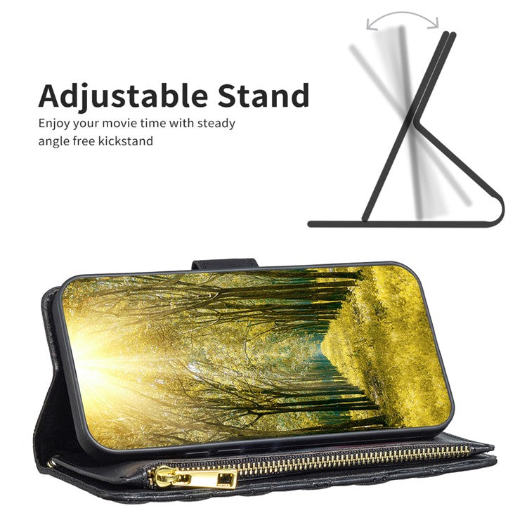 BINFEN COLOR BF Style-15 For Motorola Moto G34 5G Wallet Phone Case Grid Imprinted Cover Zipper Pocket - Black