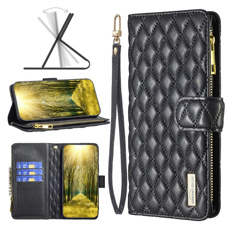 BINFEN COLOR BF Style-15 For Motorola Moto G34 5G Wallet Phone Case Grid Imprinted Cover Zipper Pocket - Black