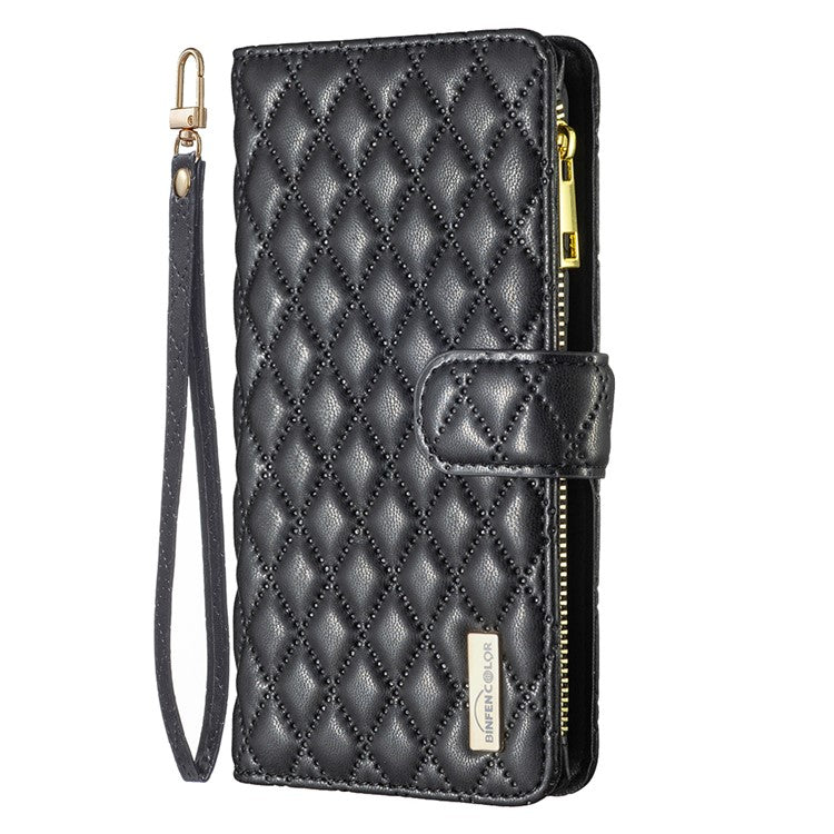 BINFEN COLOR BF Style-15 For Motorola Moto G34 5G Wallet Phone Case Grid Imprinted Cover Zipper Pocket - Black