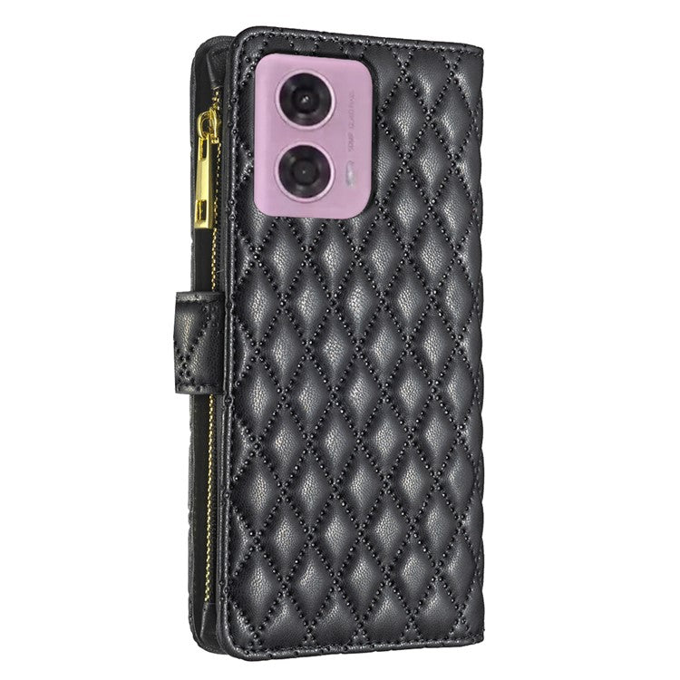 BINFEN COLOR BF Style-15 For Motorola Moto G34 5G Wallet Phone Case Grid Imprinted Cover Zipper Pocket - Black