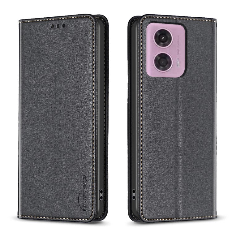 BINFEN COLOR BF18 For Motorola Moto E14 4G / G04 4G / G04s 4G / G24 4G Leather Case Stand Phone Cover Card Slots - Black