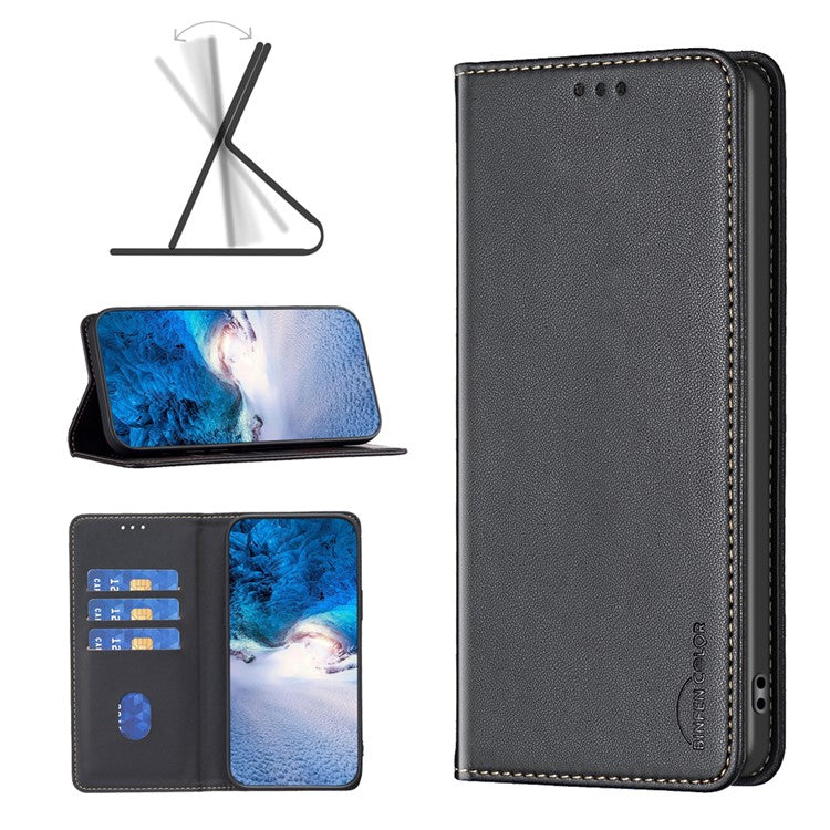 BINFEN COLOR BF18 For Motorola Moto E14 4G / G04 4G / G04s 4G / G24 4G Leather Case Stand Phone Cover Card Slots - Black