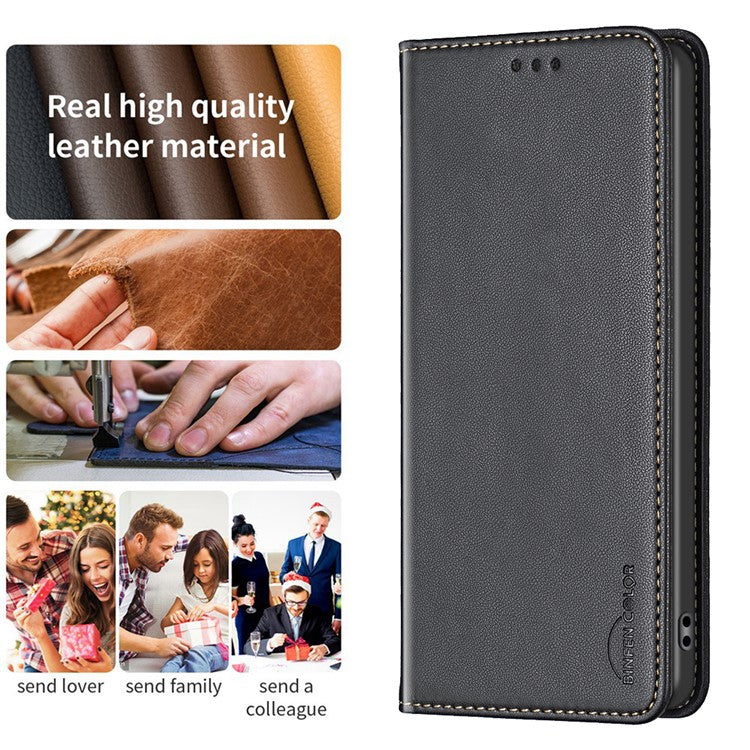 BINFEN COLOR BF18 For Motorola Moto E14 4G / G04 4G / G04s 4G / G24 4G Leather Case Stand Phone Cover Card Slots - Black