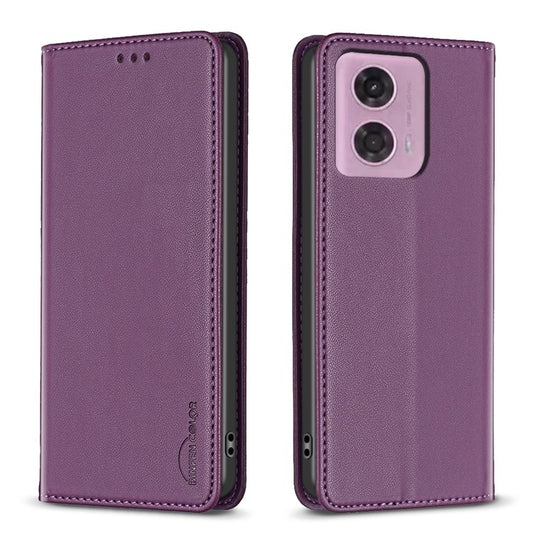 BINFEN COLOR BF18 For Motorola Moto E14 4G / G04 4G / G04s 4G / G24 4G Leather Case Stand Phone Cover Card Slots - Dark Purple