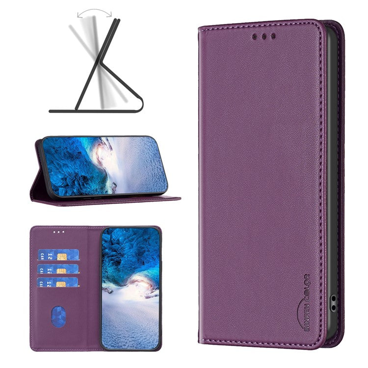 BINFEN COLOR BF18 For Motorola Moto E14 4G / G04 4G / G04s 4G / G24 4G Leather Case Stand Phone Cover Card Slots - Dark Purple