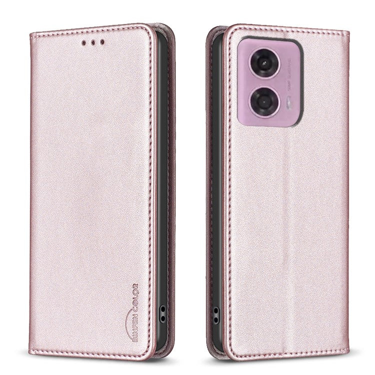 BINFEN COLOR BF18 For Motorola Moto E14 4G / G04 4G / G04s 4G / G24 4G Leather Case Stand Phone Cover Card Slots - Rose Gold