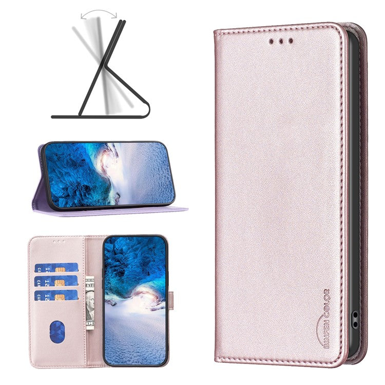 BINFEN COLOR BF18 For Motorola Moto E14 4G / G04 4G / G04s 4G / G24 4G Leather Case Stand Phone Cover Card Slots - Rose Gold