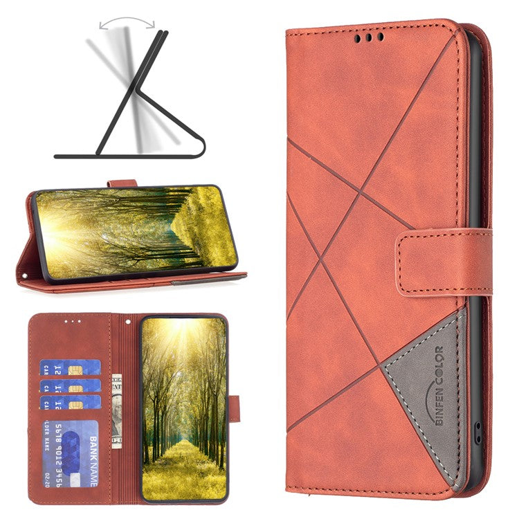 BINFEN COLOR For Motorola Moto E14 4G / G04 4G / G04s 4G / G24 4G Phone Cases Wallet Stand Geometry Imprinted Leather Cover - Brown