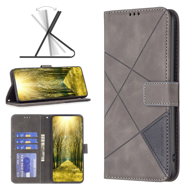 BINFEN COLOR For Motorola Moto E14 4G / G04 4G / G04s 4G / G24 4G Phone Cases Wallet Stand Geometry Imprinted Leather Cover - Grey