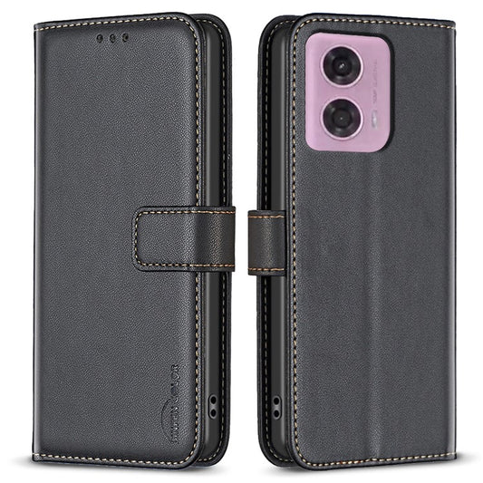 BINFEN COLOR BF17 For Motorola Moto E14 4G / G04 4G / G04s 4G / G24 4G Leather Case Drop-Proof Phone Cover - Black