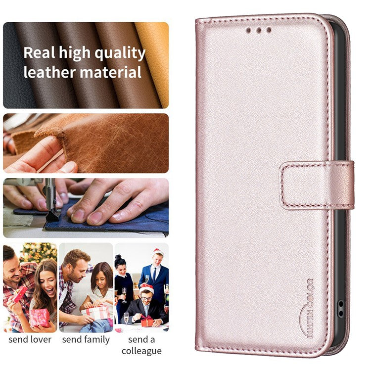 BINFEN COLOR BF17 For Motorola Moto E14 4G / G04 4G / G04s 4G / G24 4G Leather Case Drop-Proof Phone Cover - Rose Gold